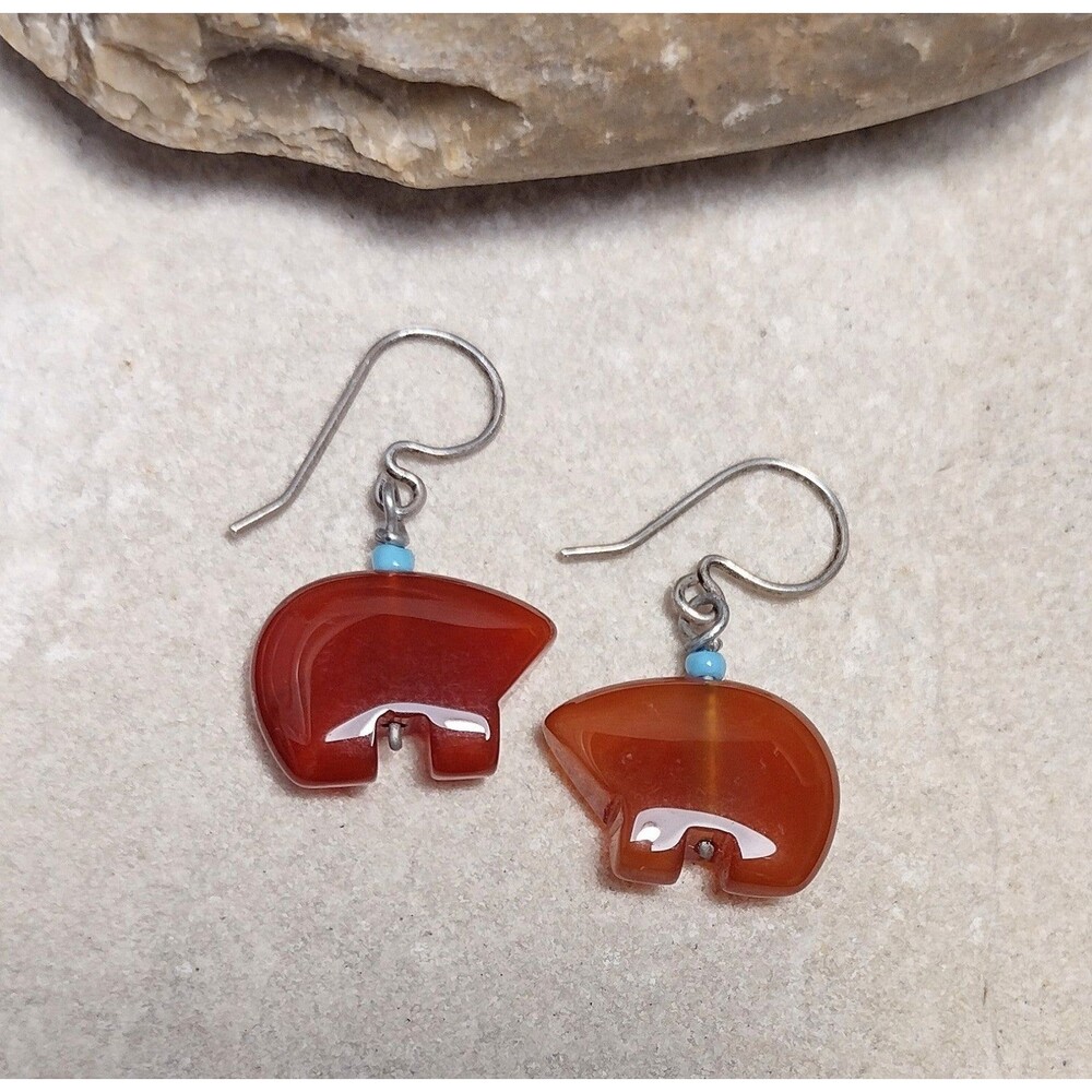 Fetish Bear Carnelian Stone Sterling Silver Dangle Earrings Vintage - Picture 3 of 12